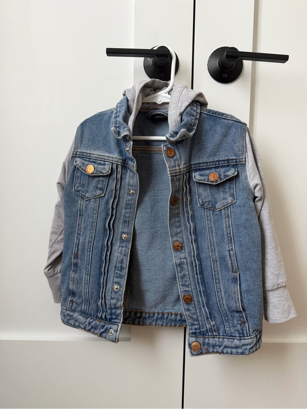 Kids Denim Jacket with Gray Hooded Sleeves - Brand Unknown